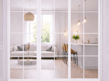 Межкомнатная перегородка каскадная трёхстворчатая остекленная  Белый лёд